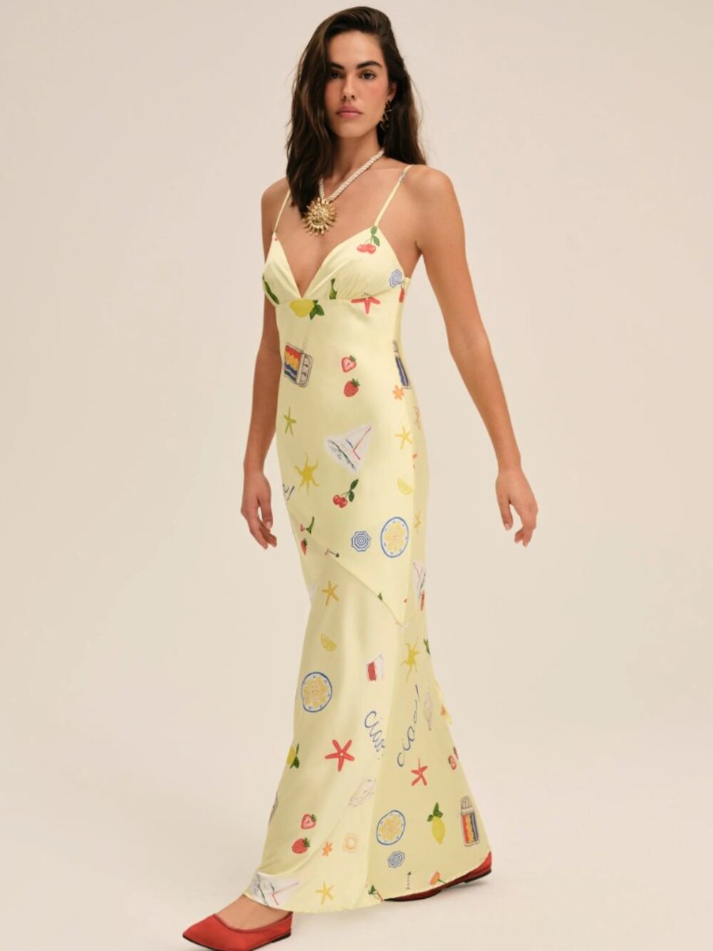 For Love & Lemons Huda Slip Maxi Dress Postcard Print NWT Medium